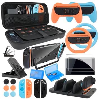 23-in-1 Compatible for Nintendo Switch 2 Accessories Bundle with Charging Dock & Screen Protectors - Full Bundle Suitable for Switch Console Case, Steering Wheel, Joycon Grips, Dockable Cover, Carrying Case for Host System