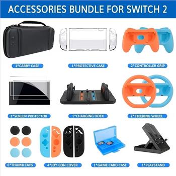 23-in-1 Compatible for Nintendo Switch 2 Accessories Bundle with Charging Dock & Screen Protectors - Full Bundle Suitable for Switch Console Case, Steering Wheel, Joycon Grips, Dockable Cover, Carrying Case for Host System