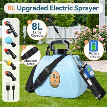 Extra Large 8L Electric Sprayer, 2 Gallon Battery Powered Garden Weed Sprayer, 2026 New Upgrade 3 Adjustable Flow Speed, Real-Time Battery Indicator, Extendable Retractable Wand & Padded Adjustable Shoulder Strap for Lawn Yard Fertilizer Cleaning