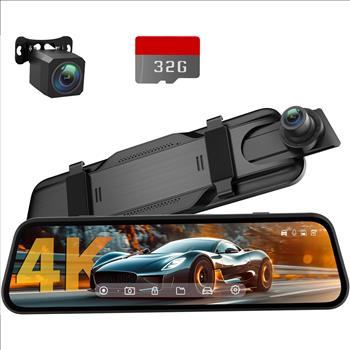 4K Rear View Mirror Camera, 10'' 4K Mirror Dash Cam with 1080P Backup Camera, Dash Cam Front and Rear for Car with Voice Control, 24H Parking Mode, Night Vision
