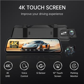4K Rear View Mirror Camera, 10'' 4K Mirror Dash Cam with 1080P Backup Camera, Dash Cam Front and Rear for Car with Voice Control, 24H Parking Mode, Night Vision