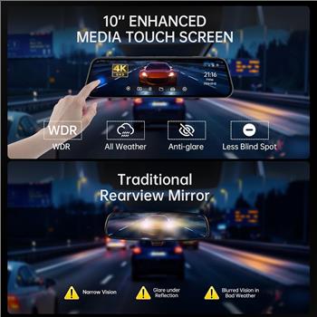4K Rear View Mirror Camera, 10'' 4K Mirror Dash Cam with 1080P Backup Camera, Dash Cam Front and Rear for Car with Voice Control, 24H Parking Mode, Night Vision