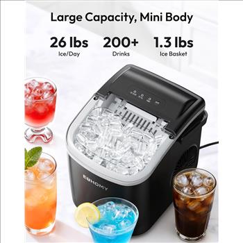 Countertop Ice Maker Machine with Handle, 26lbs in 24Hrs, 9 Ice Cubes Ready in 6 Mins, Auto-Cleaning Portable Ice Maker with Basket and Scoop, for Home/Kitchen/Camping/RV. (Black)