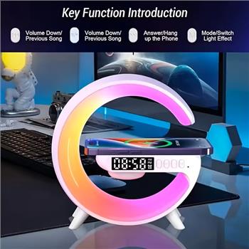 Multi-Function Wireless Charger Stand Fast Wireless Charging Station For Iphone 17 16 15 For Samsung HD Audio Subwoofer Portable Wireless Speaker Alarm Clock Colour LED Night Light RGB Light Bedside Lamp