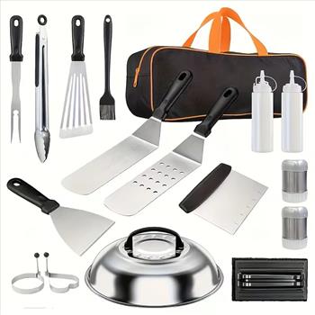 17pcs BBQ set, BBQ accessories, teppanyaki, meat press board, meat thermometer, kitchen tools, suitable for home kitchen, outdoor camping barbecue