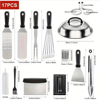 17pcs BBQ set, BBQ accessories, teppanyaki, meat press board, meat thermometer, kitchen tools, suitable for home kitchen, outdoor camping barbecue