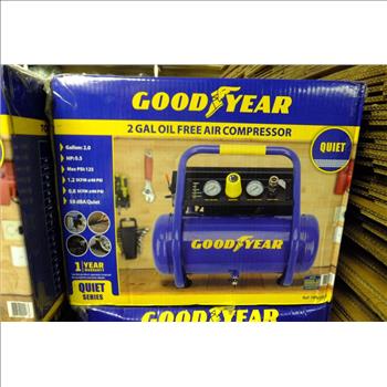 New In The Box Goodyear Quiet Air Compressor 2 GAL Roll Cage Design $150 at Lowes