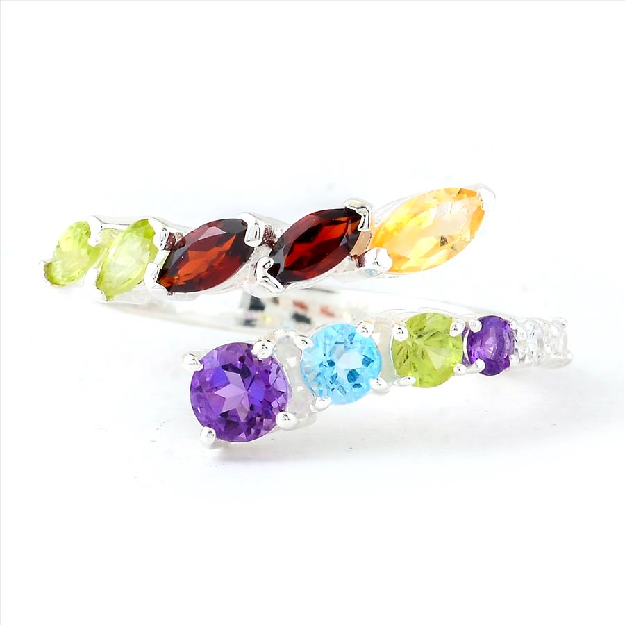 NO RESERVE 1.59 Ct Round Amethyst, Blue Topaz, Peridot, Cubic Zirconia, Citrine, Garnet 925 Sterling Silver Ring