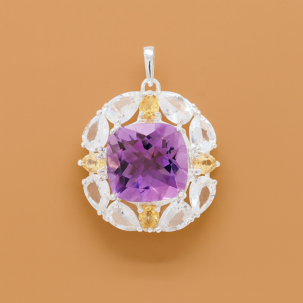 925 Sterling Silver 10.80 Ct Cushion Amethyst White Topaz Citrine Pendant