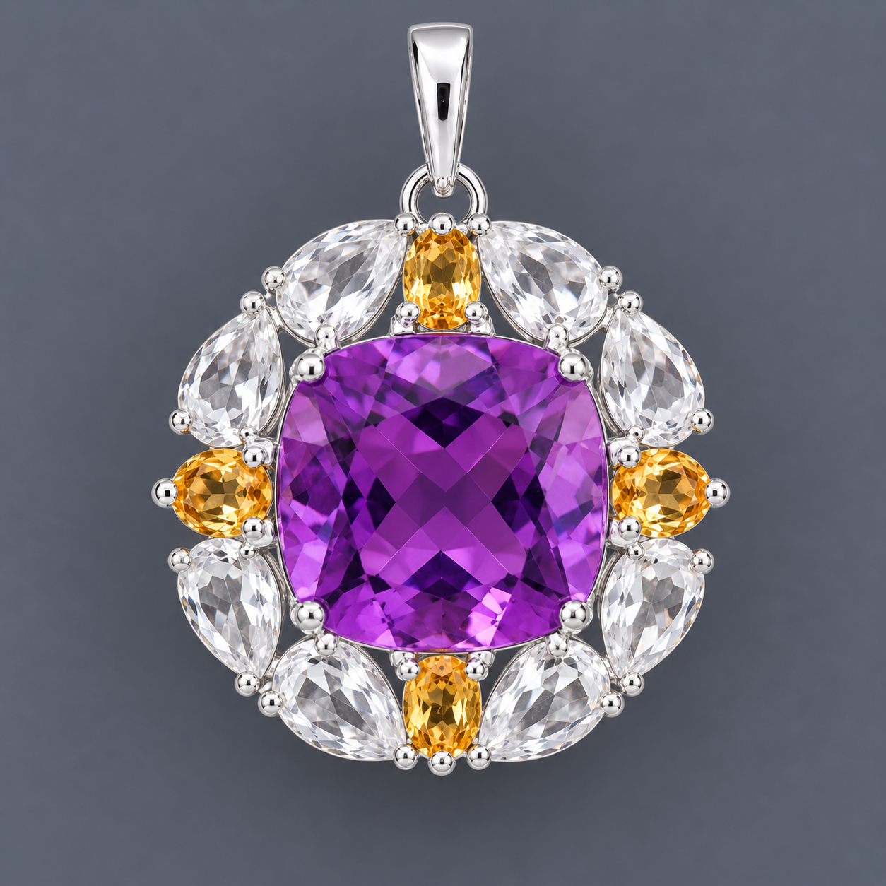 925 Sterling Silver 10.80 Ct Cushion Amethyst White Topaz Citrine Pendant