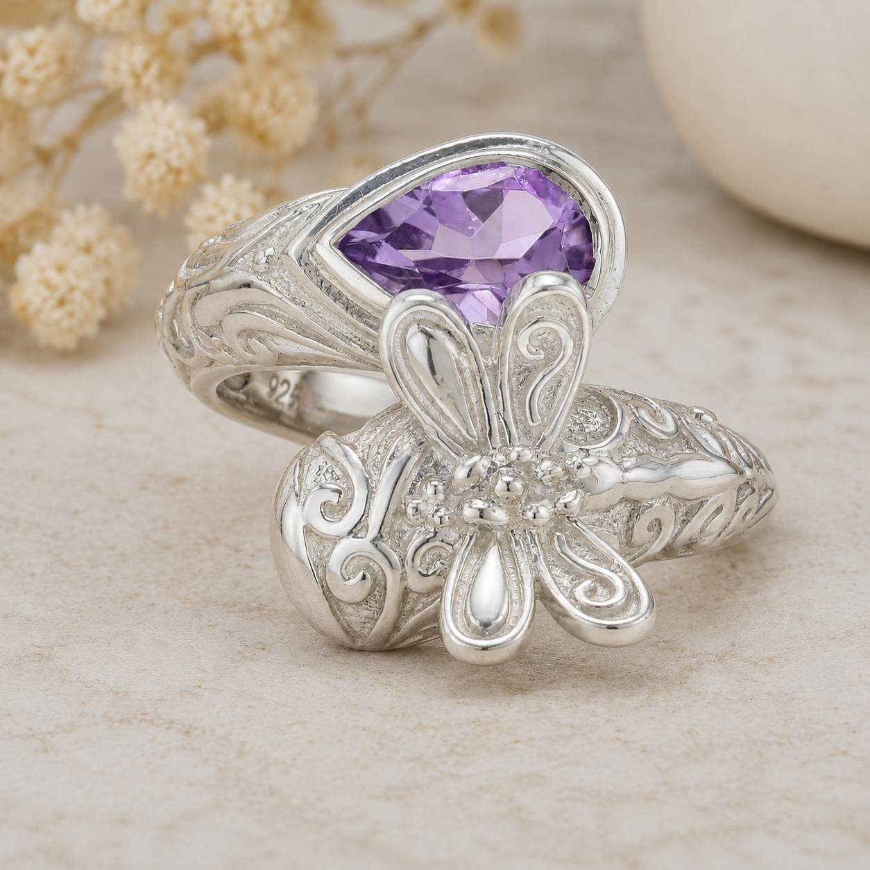 925 Sterling Silver 1.19 Ct Pear Amethyst Ring 7 US Ring size