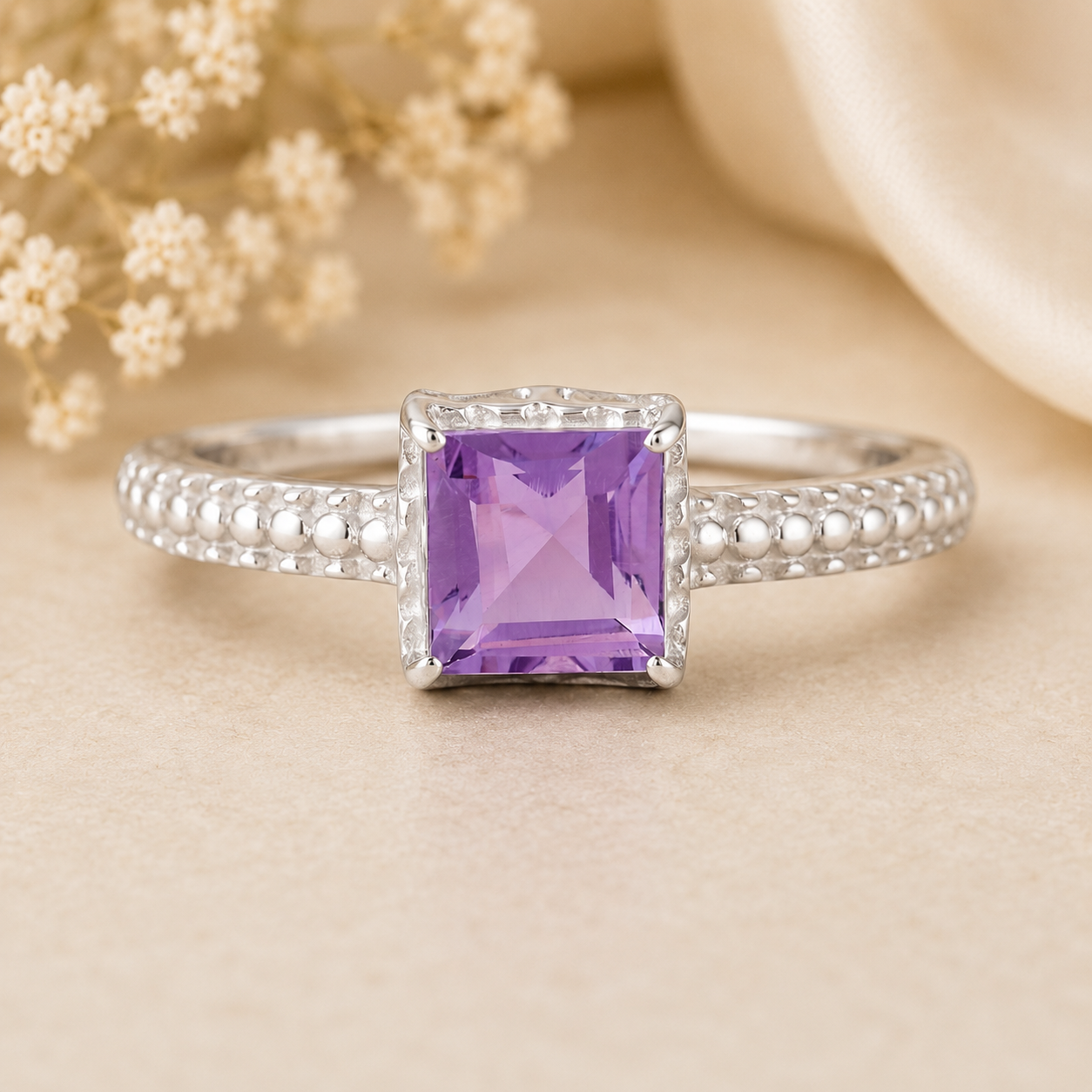 925 Sterling Silver 1.21 Ct Square Amethyst Ring 7 US Ring Size