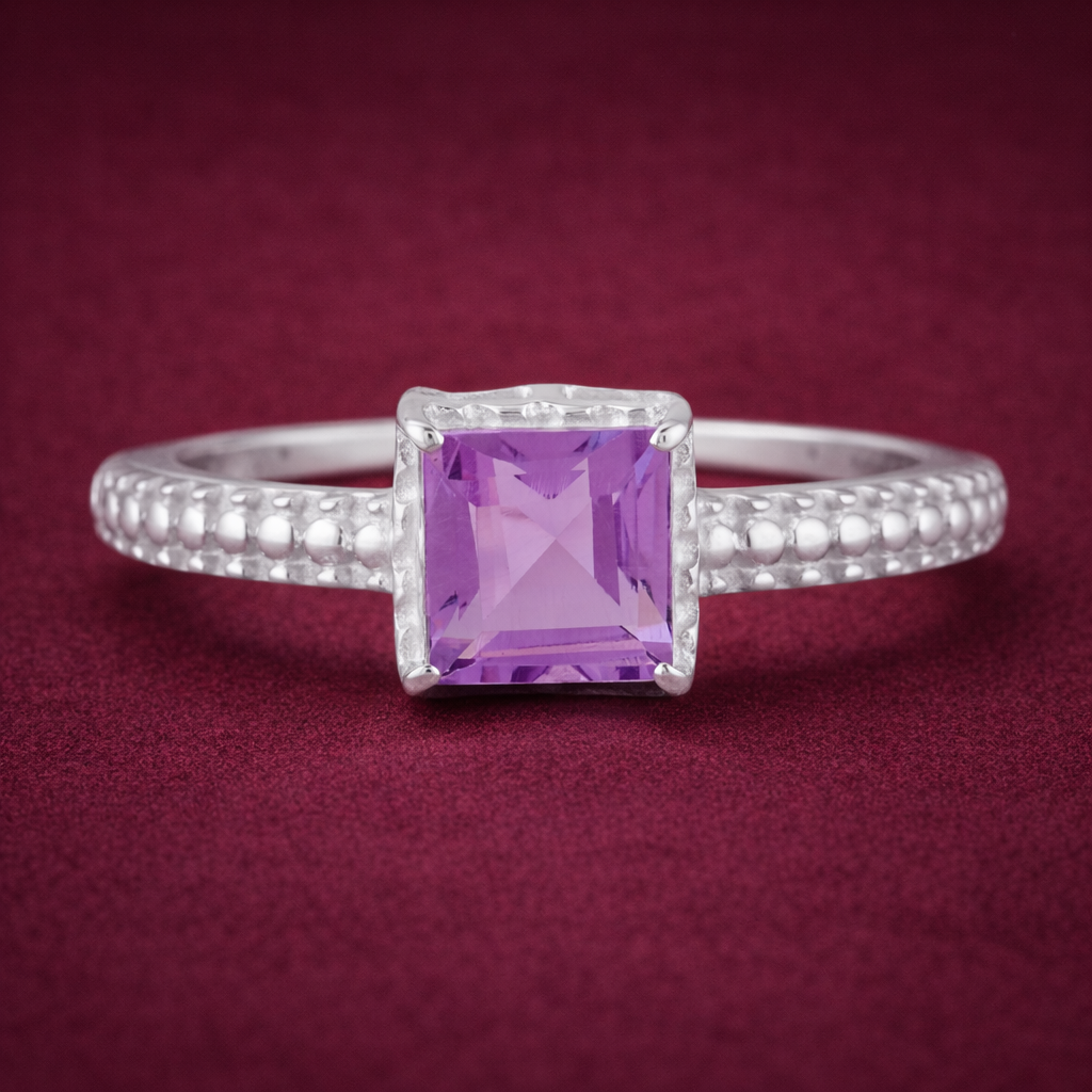 925 Sterling Silver 1.21 Ct Square Amethyst Ring 9 US Ring Size