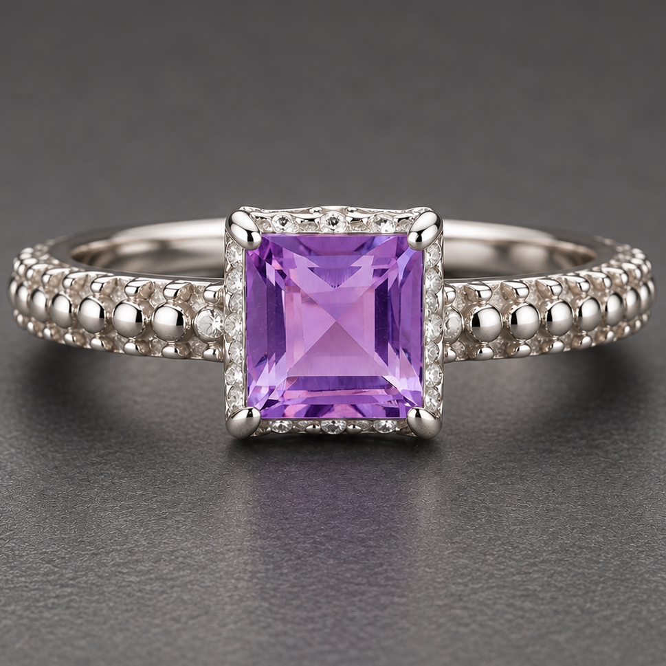 925 Sterling Silver 1.21 Ct Square Amethyst Ring 9 US Ring Size