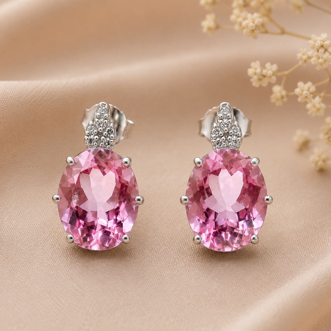 925 Sterling Silver 12.32 Ct Oval Pink Topaz White Zircon Earrings