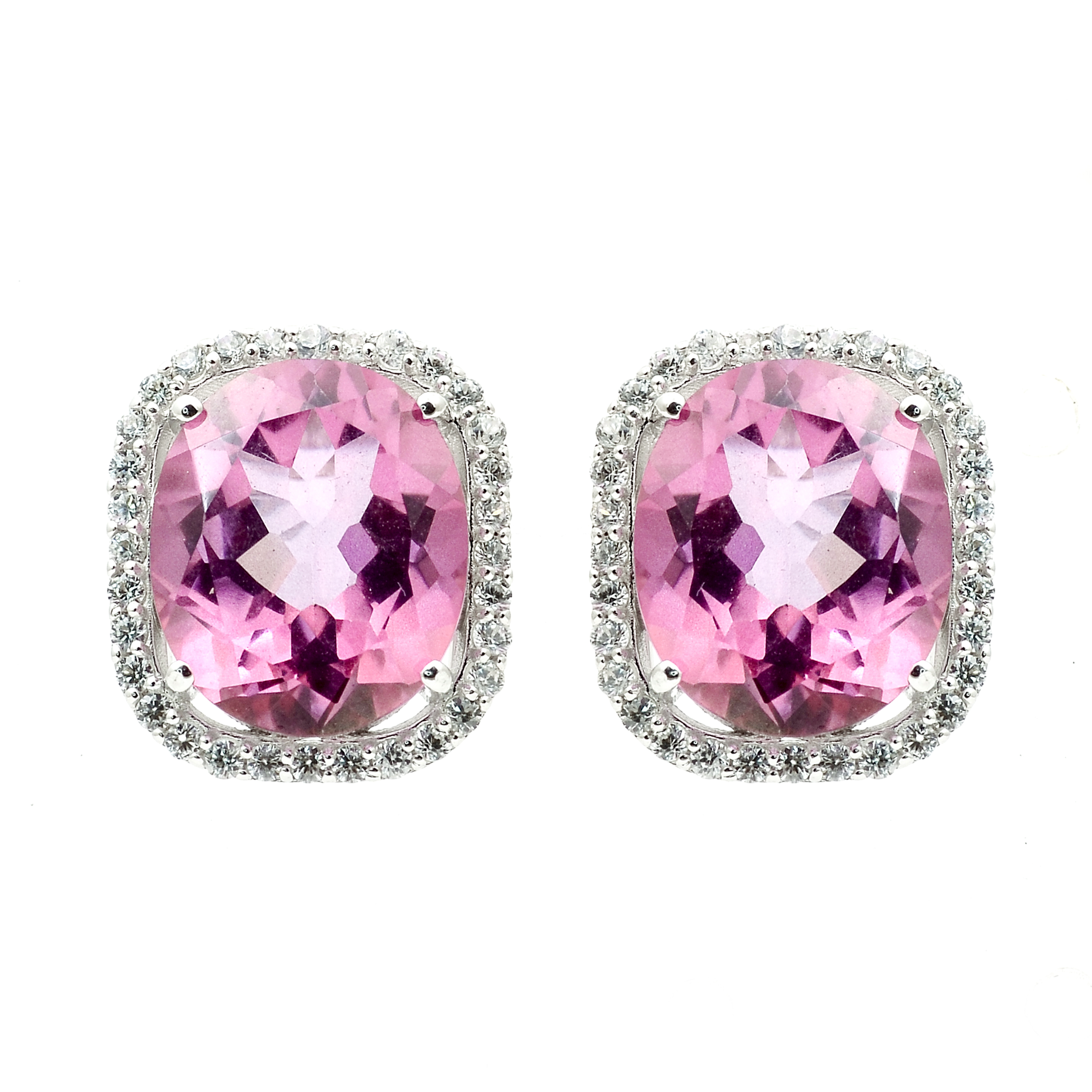 925 Sterling Silver 12.32 Ct Oval Pink Topaz White Zircon Earrings