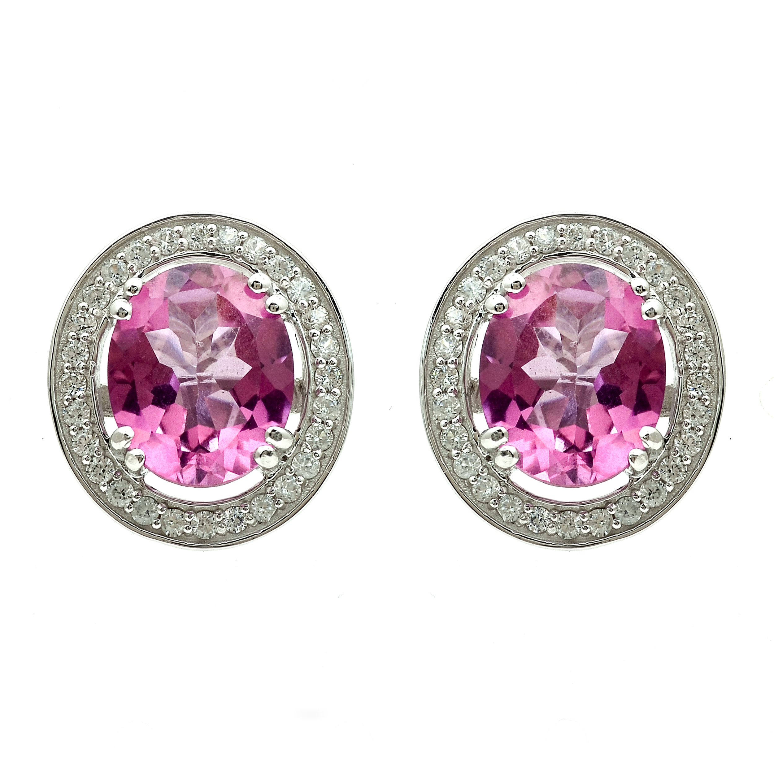 925 Sterling Silver 13.23 Ct Oval Pink Topaz White Zircon Earrings