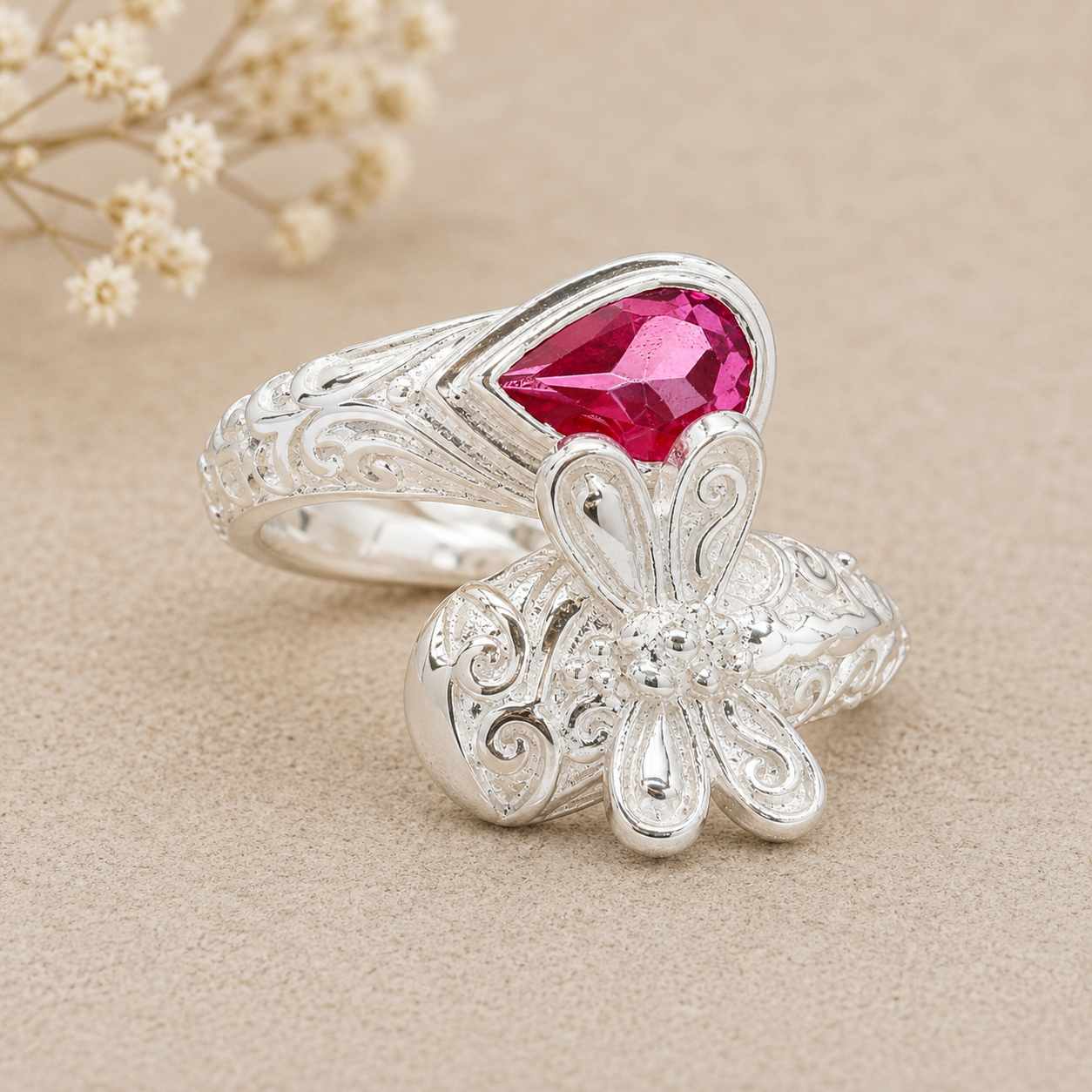 925 Sterling Silver 1.42 Ct Pear Pink Topaz Ring 7 US Ring size