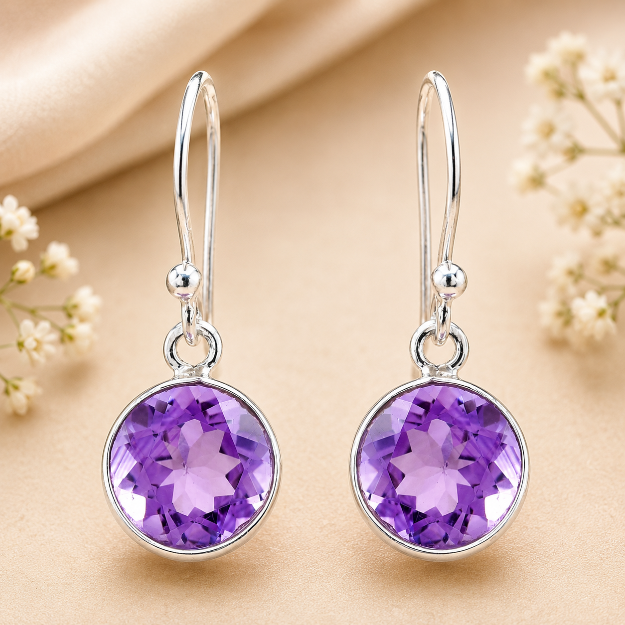 925 Sterling Silver 14.64 Ct Round Amethyst Earrings