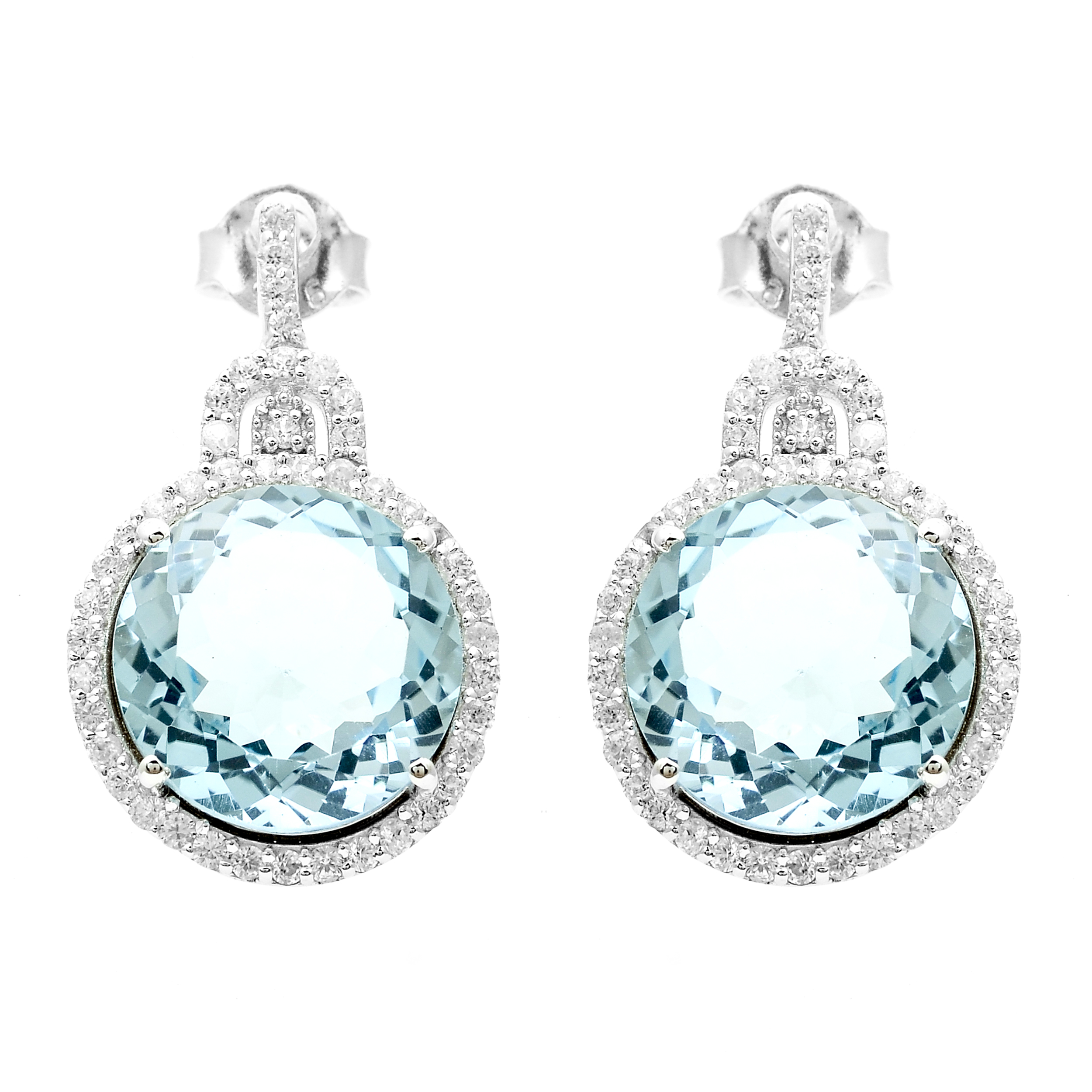 925 Sterling Silver 14.69 Ct Round Blue Topaz White Zircon Earrings