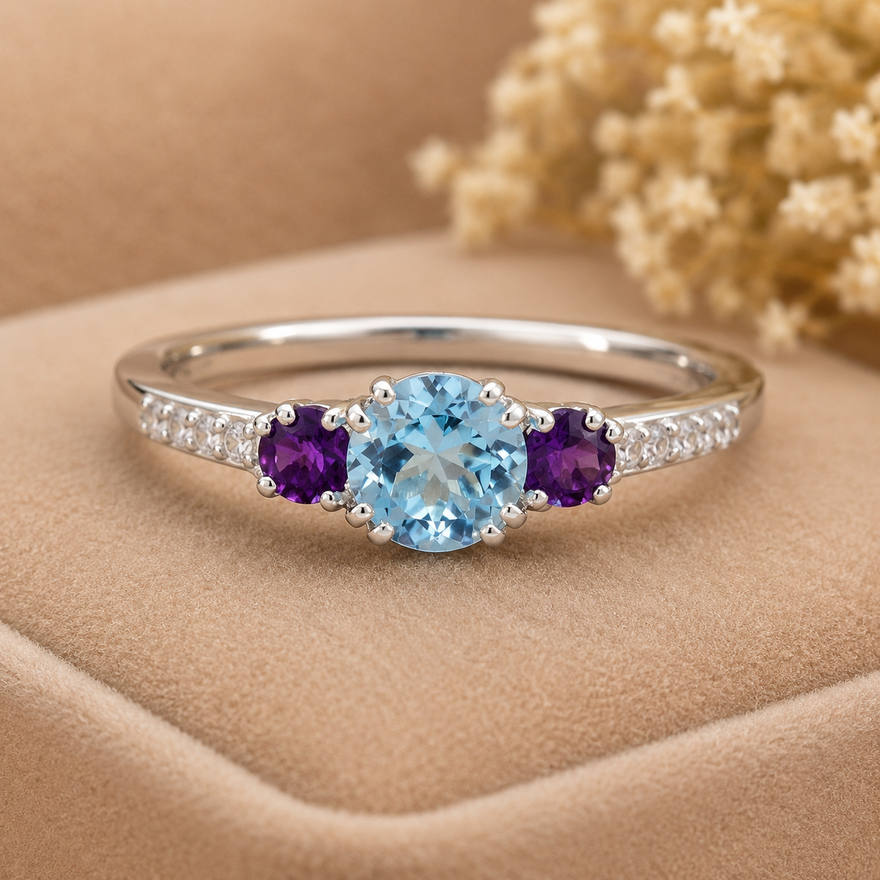 925 Sterling Silver 1.59 Ct Round Blue Topaz Amethyst Cubic Zirconia Ring 9.5 US Ring size