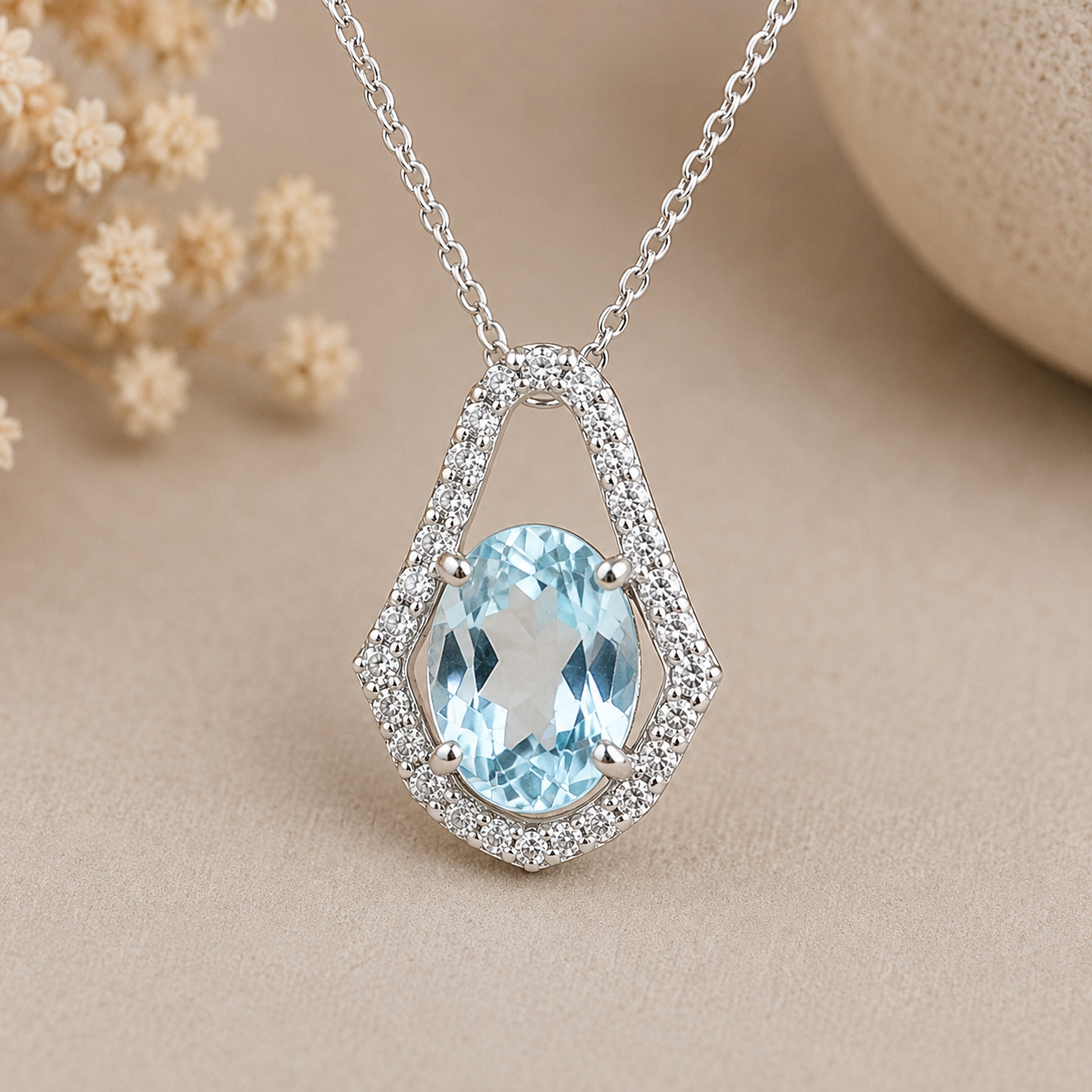 925 Sterling Silver 1.61 Ct Oval Blue Topaz White Zircon Pendant