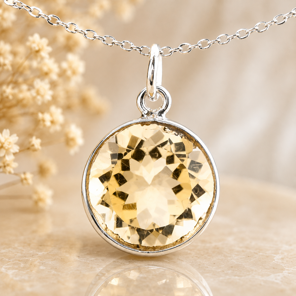 925 Sterling Silver 17.49 Ct Round Citrine Pendant