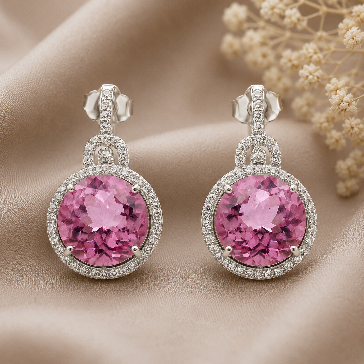 925 Sterling Silver 17.56 Ct Round Pink Topaz White Zircon Earrings