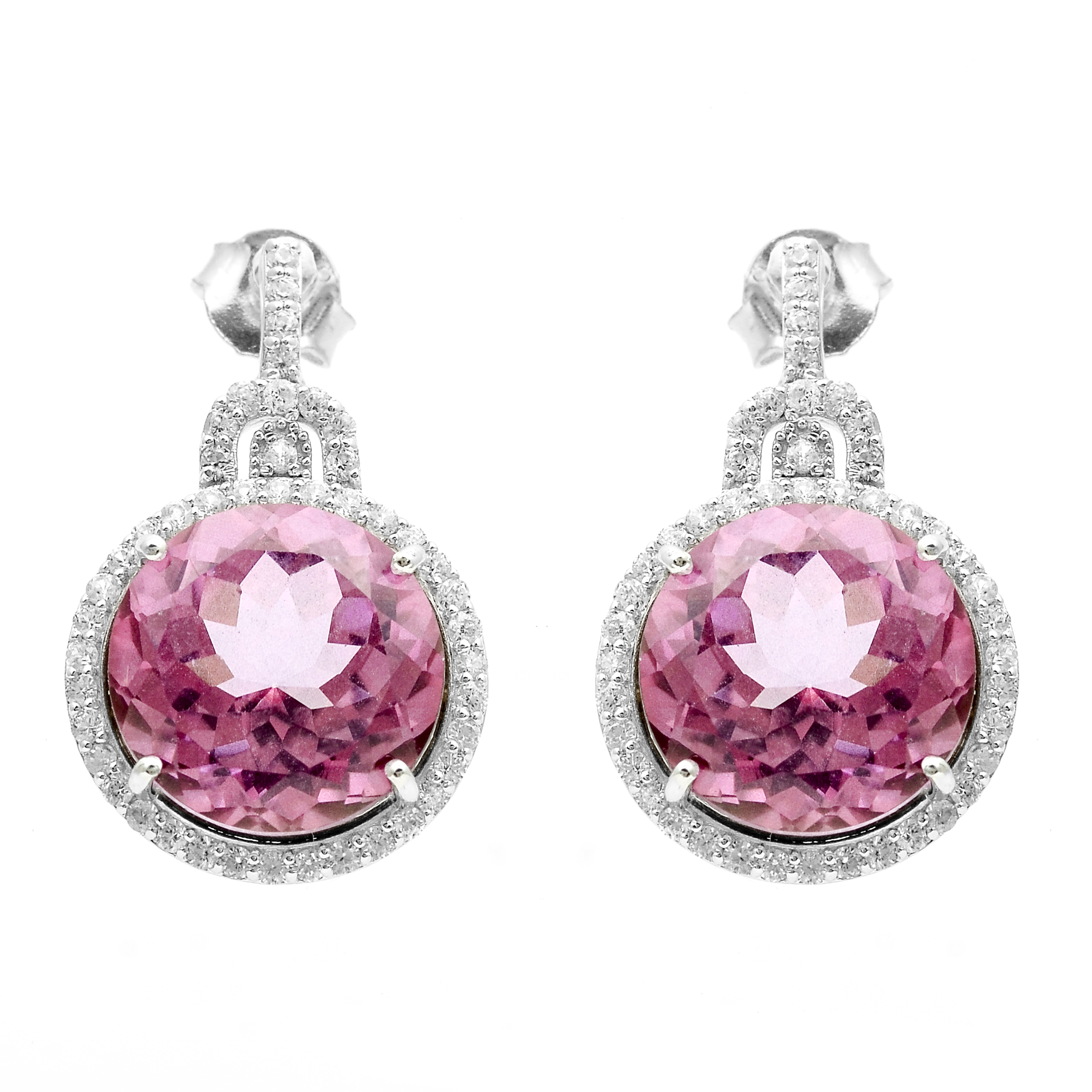 925 Sterling Silver 17.56 Ct Round Pink Topaz White Zircon Earrings