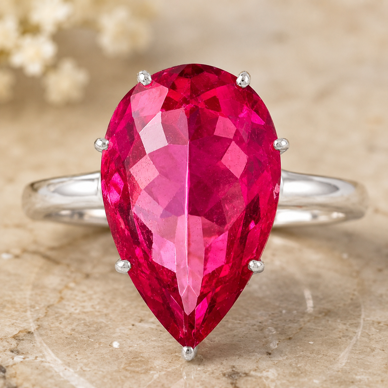 925 Sterling Silver 18.23 Ct Pear Pink Topaz Cubic Zirconia Ring 7 US Ring Size