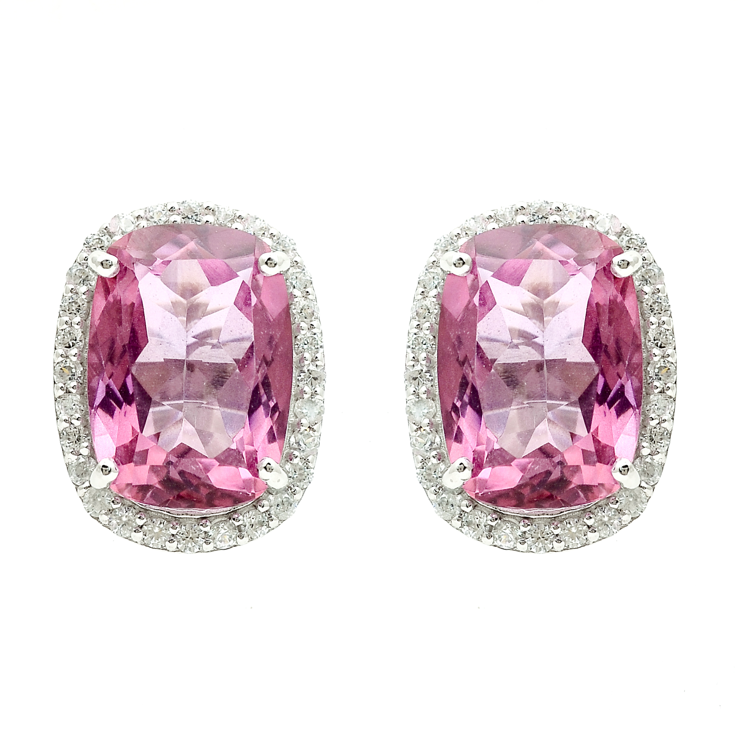 925 Sterling Silver 18.88 Ct Cushion Pink Topaz White Zircon Earrings