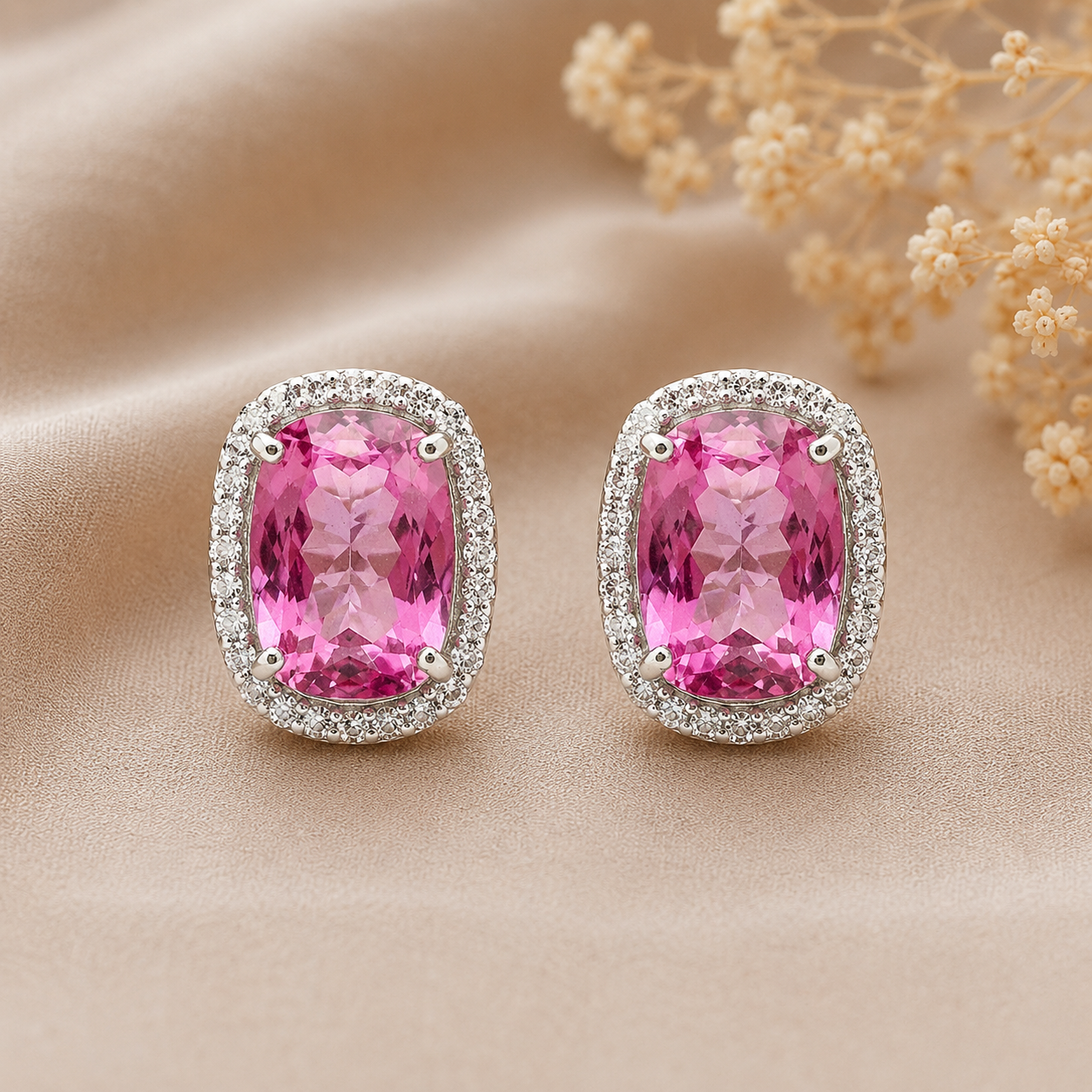 925 Sterling Silver 18.88 Ct Cushion Pink Topaz White Zircon Earrings