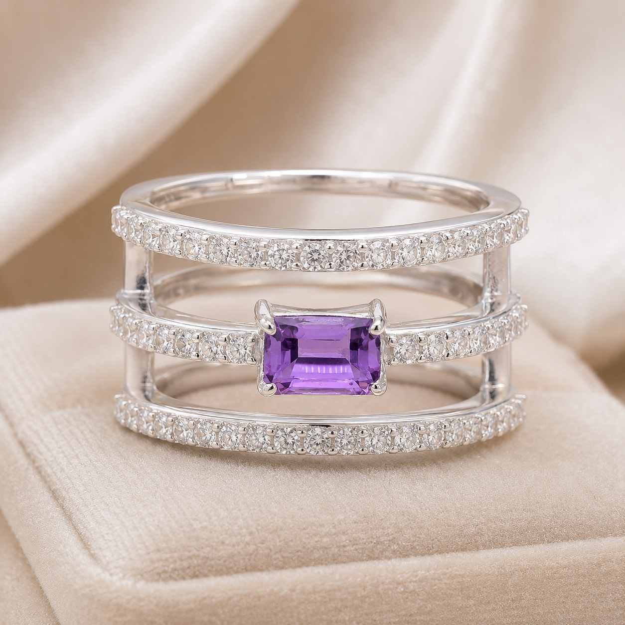 925 Sterling Silver 1.95 Ct Octagon Amethyst Cubic Zirconia Ring 7 US Ring Size
