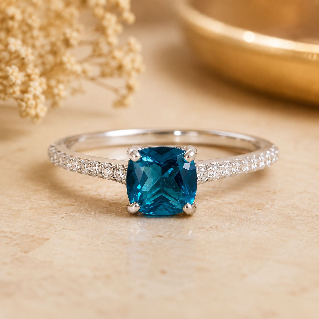 925 Sterling Silver 1.96 Ct Cushion Pariba Topaz Cubic Zirconia Ring 7 US Ring Size