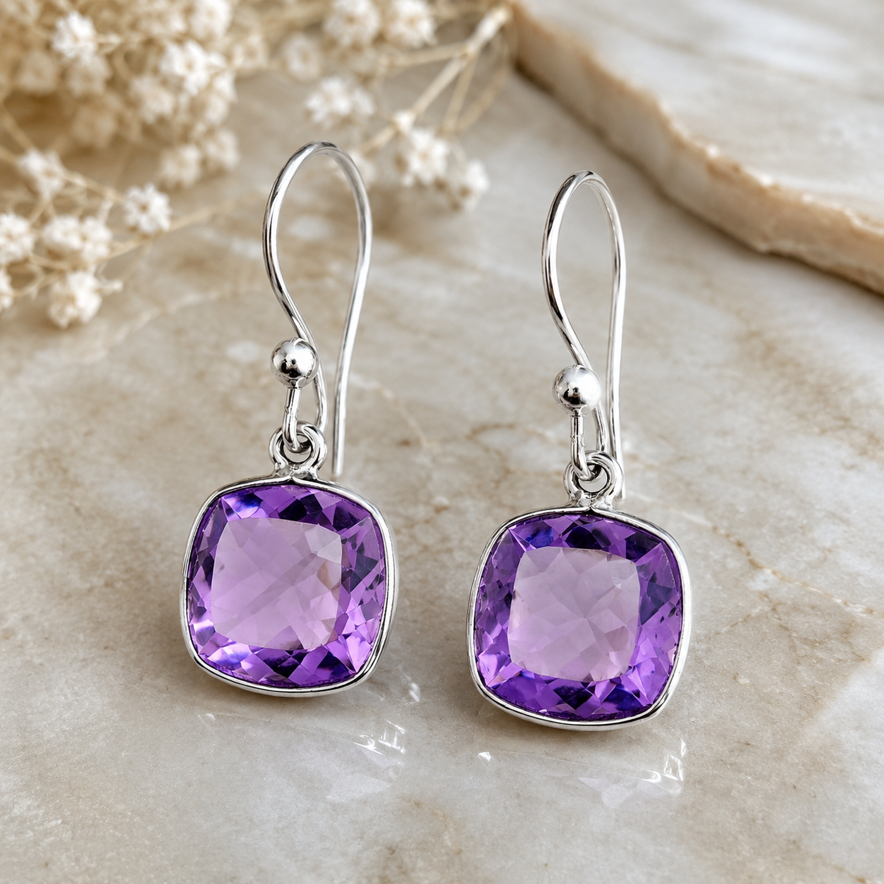 925 Sterling Silver 21.05 Ct Cushion Amethyst Earrings