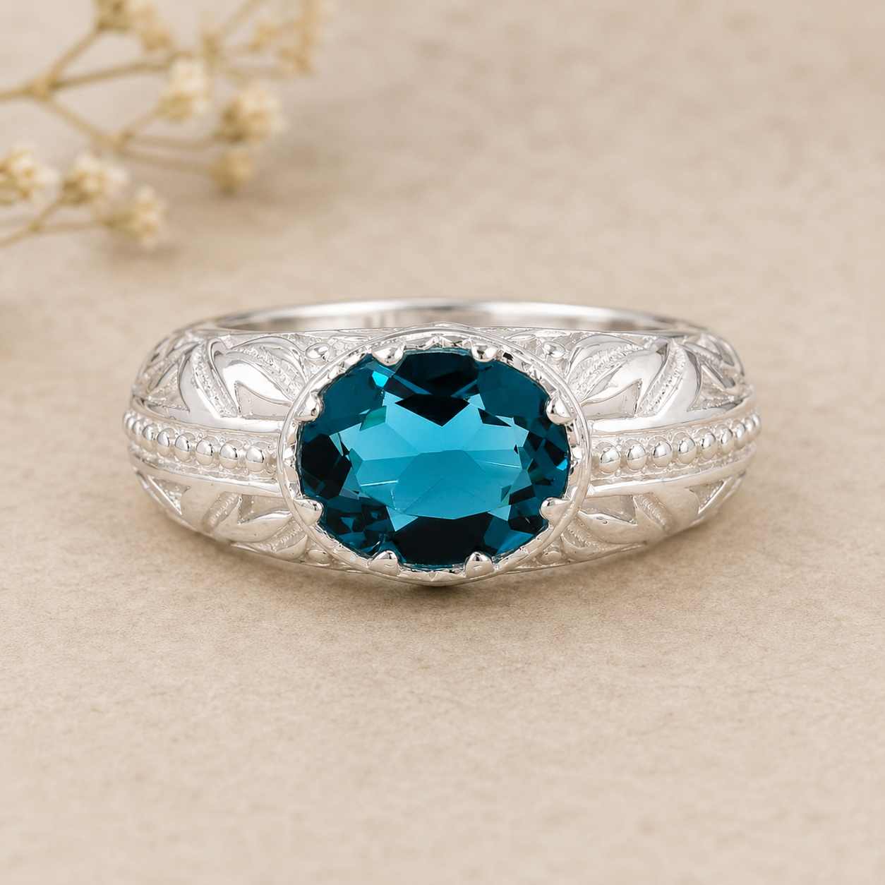 925 Sterling Silver 2.25 Ct Oval Created Paraiba Topaz Ring 8.5 US Ring size