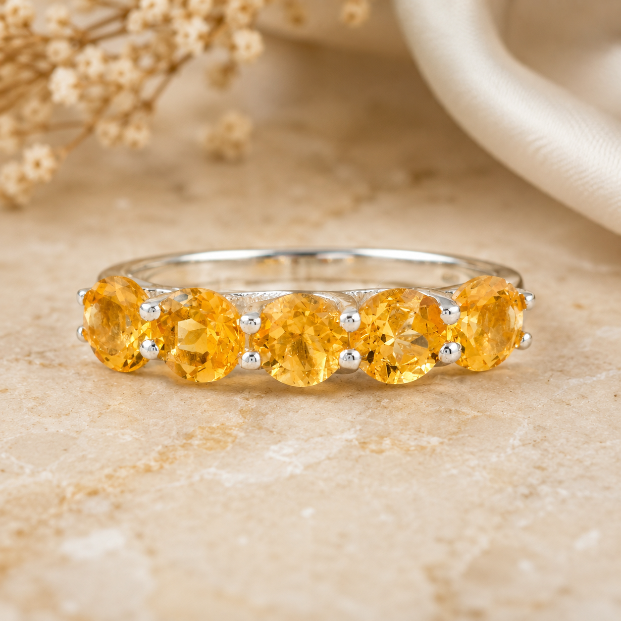925 Sterling Silver 2.33 Ct Round Citrine Ring 7 US Ring Size