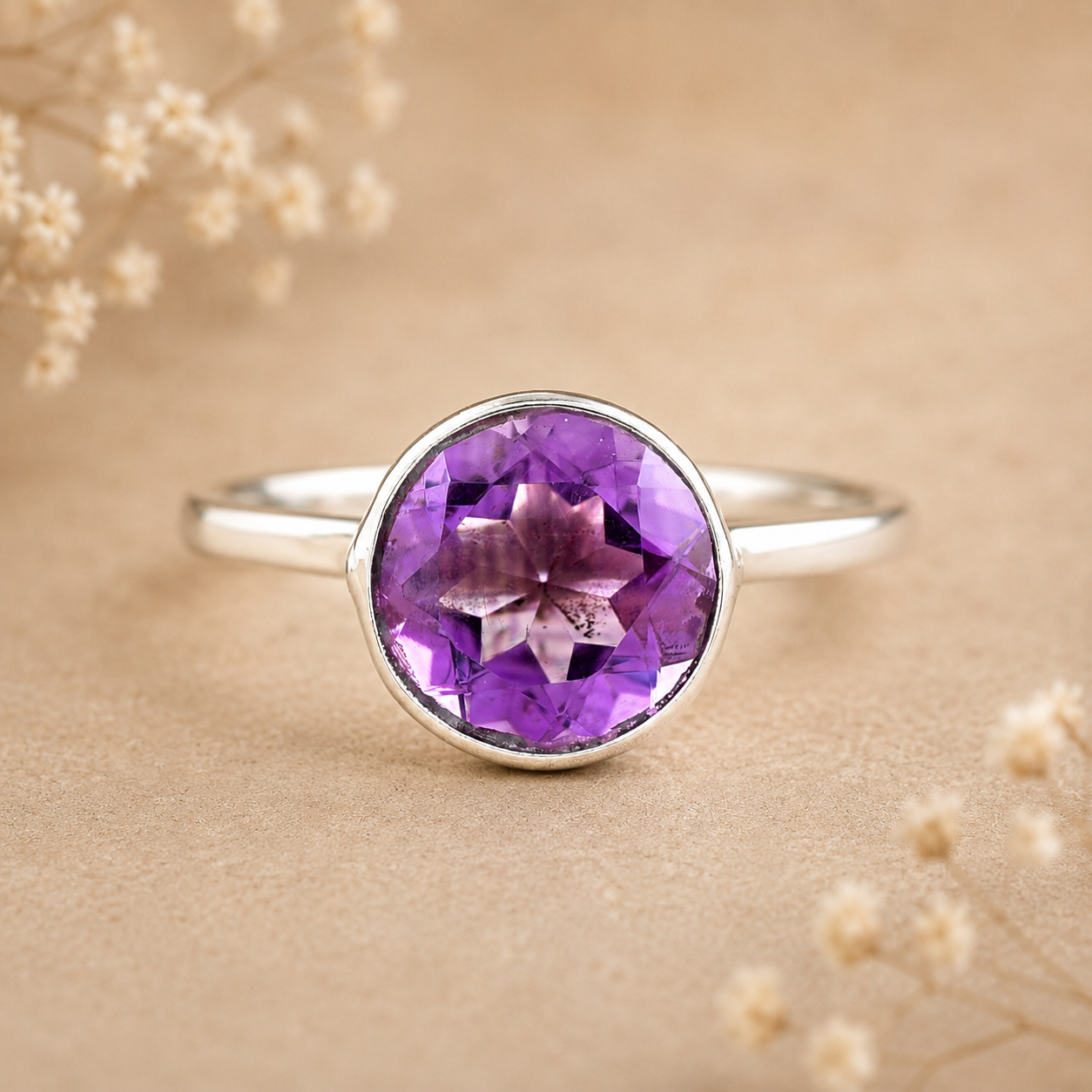 925 Sterling Silver 2.41 Ct Round Amethyst Ring 6 US Ring Size