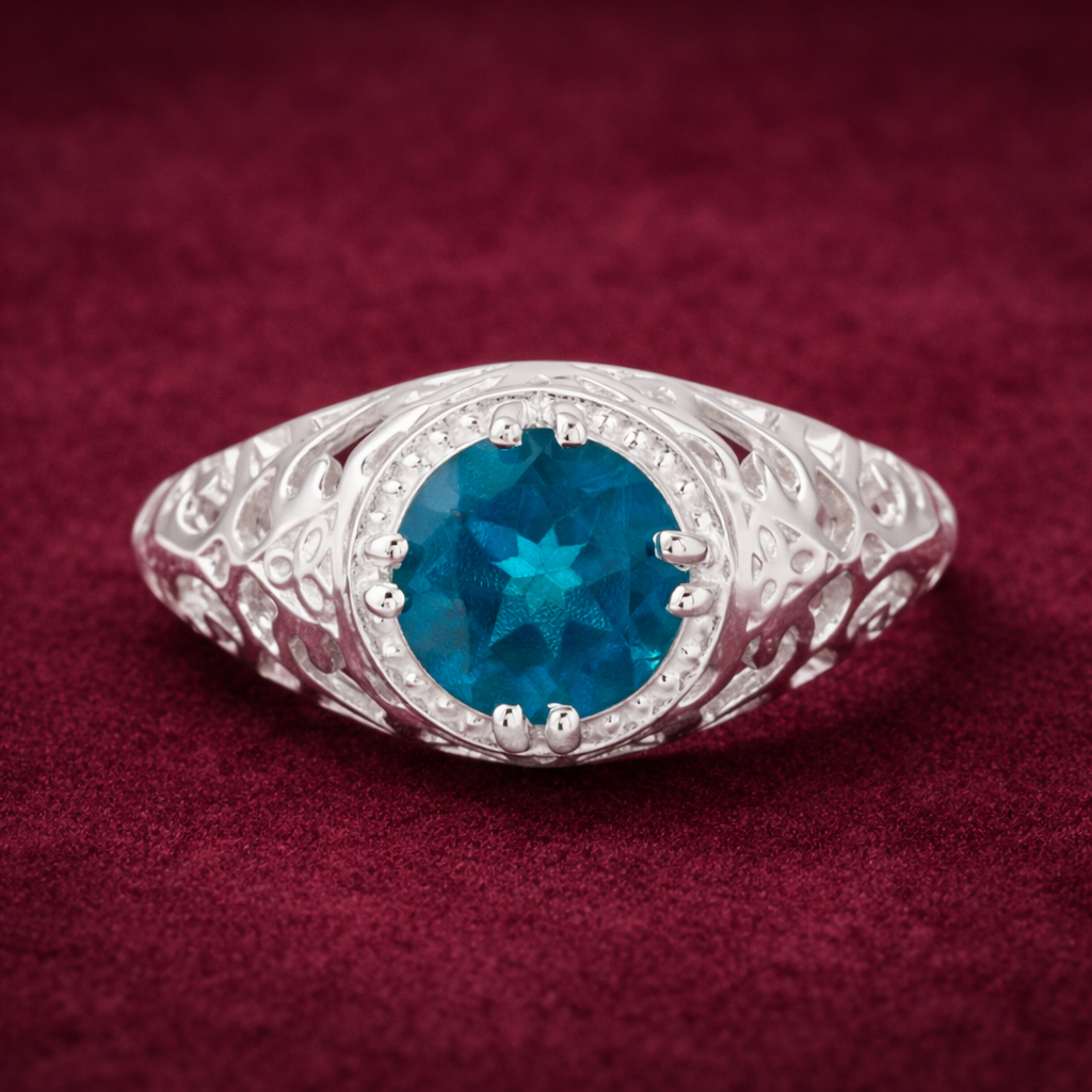 925 Sterling Silver 2.42 Ct Round Paraiba Topaz Ring 7 US Ring Size