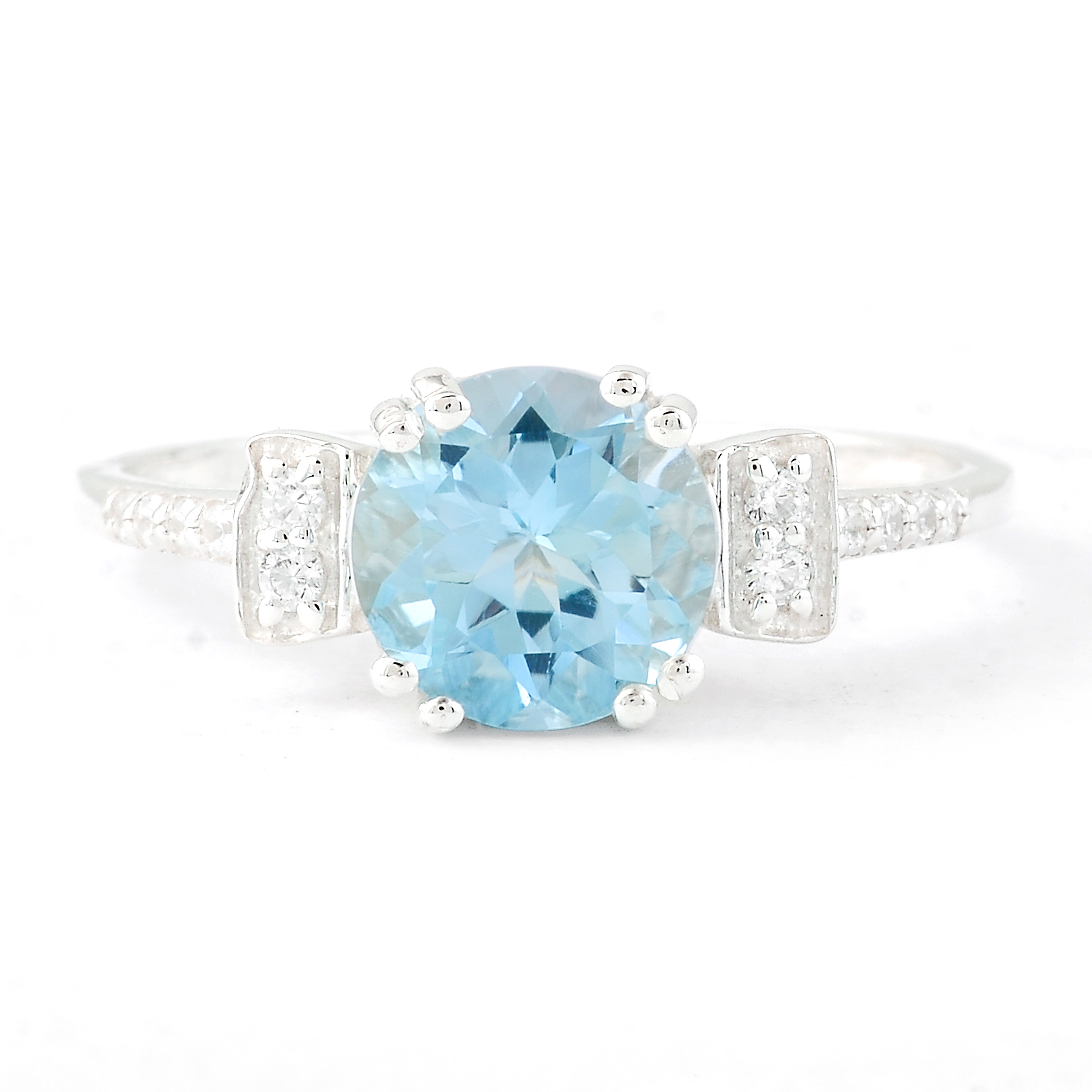 925 Sterling Silver 2.44 Ct Round Swiss Blue Topaz Cubic Zirconia Ring 7 US Ring Size