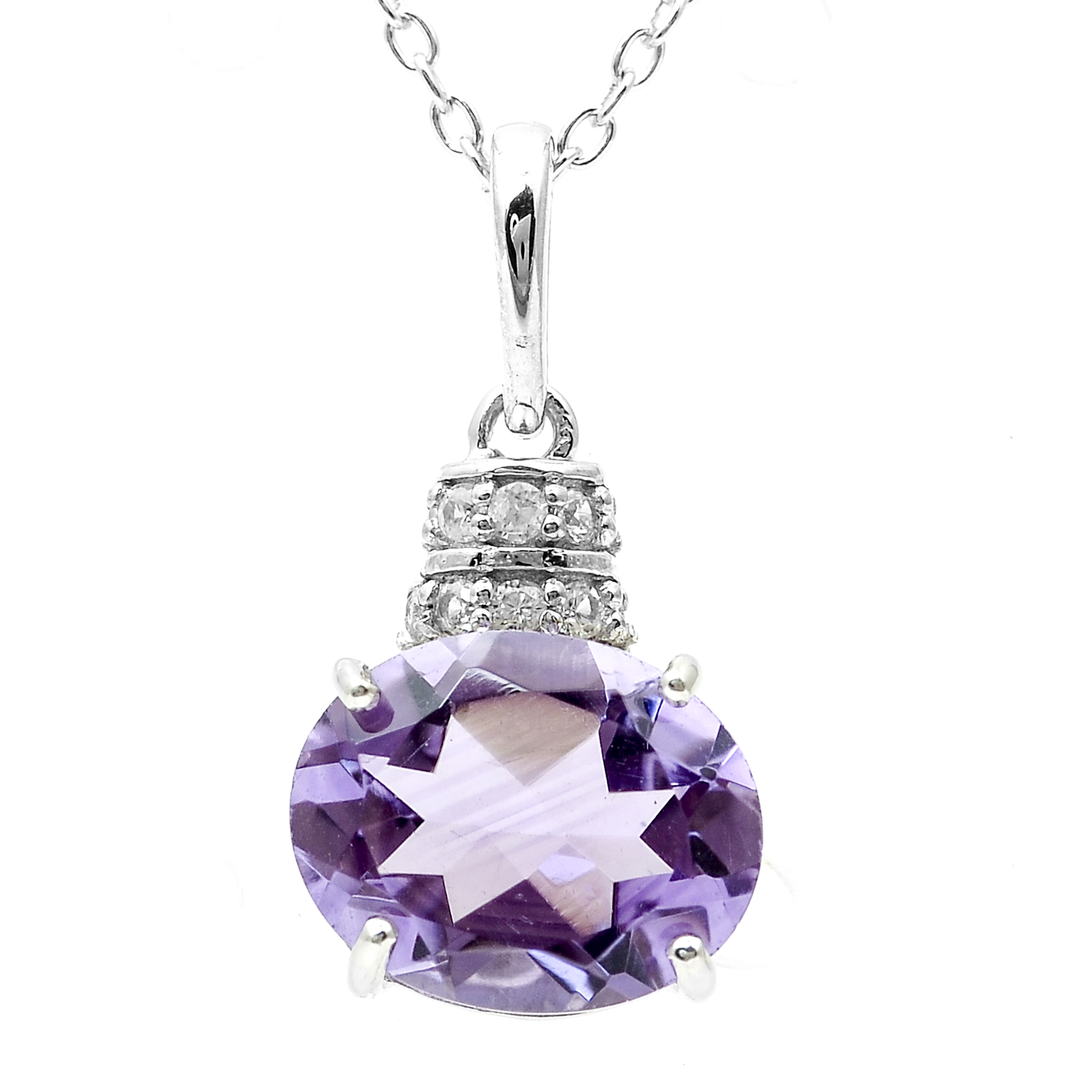 925 Sterling Silver 2.53 Ct Oval Amethyst White Zircon Pendant