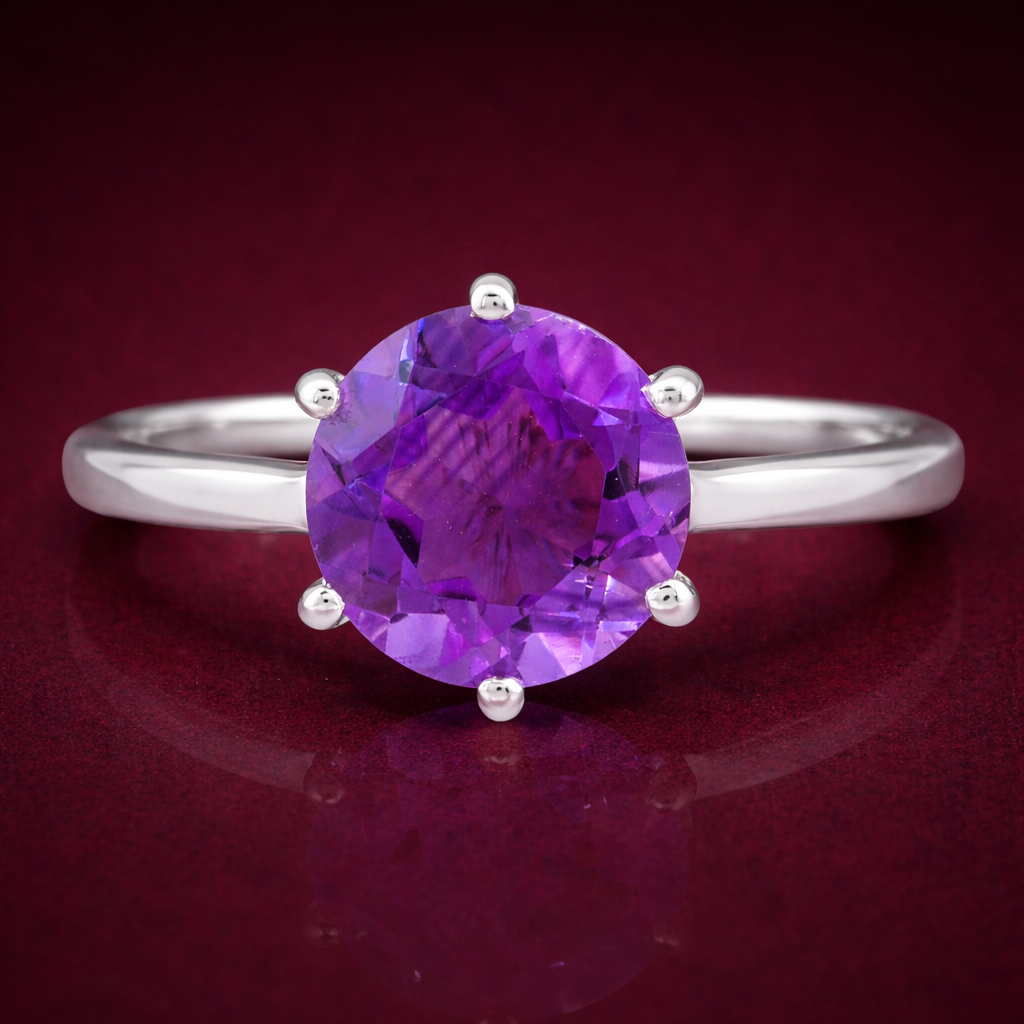 925 Sterling Silver 2.59 Ct Round Amethyst Ring 7 US Ring Size