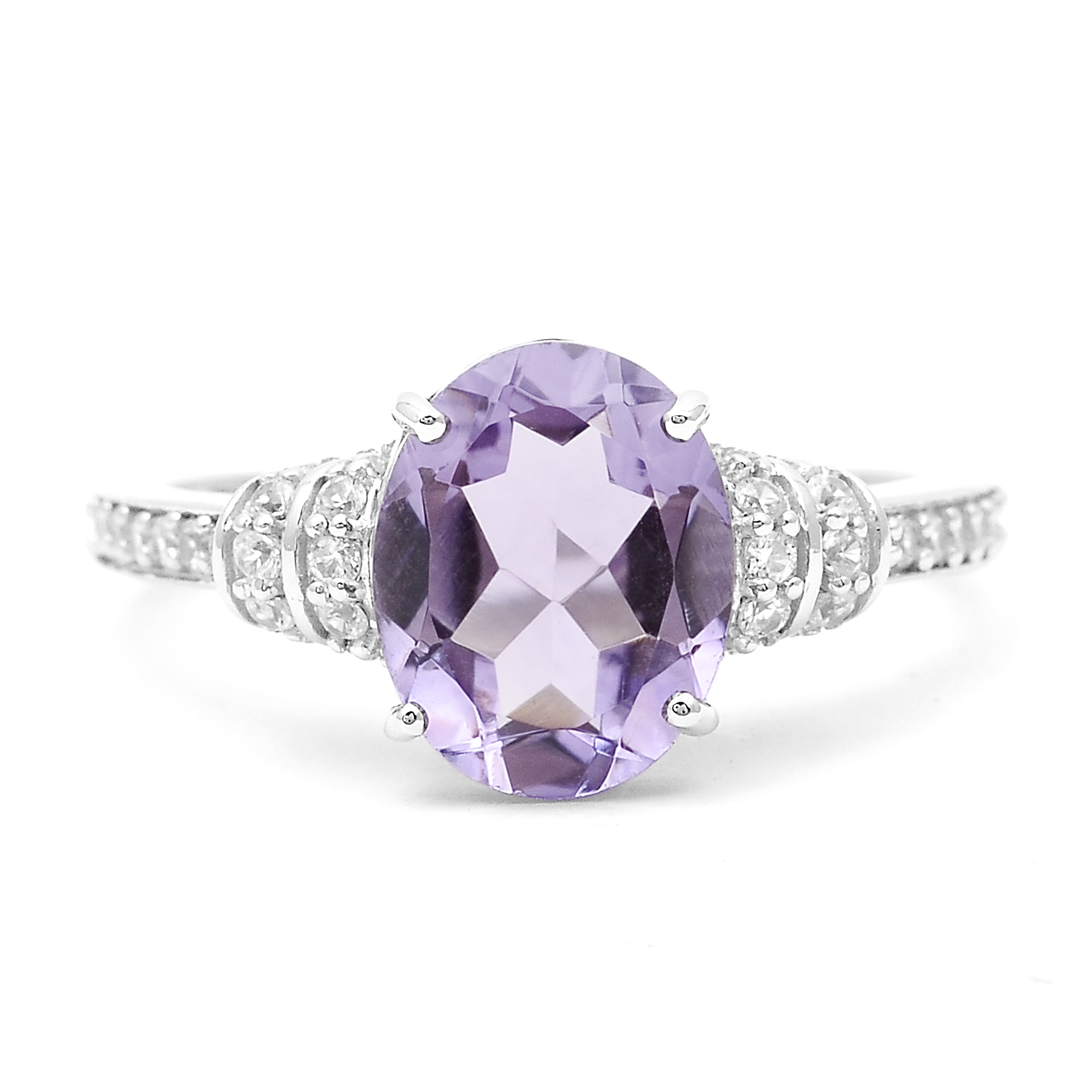 925 Sterling Silver 2.60 Ct Oval Amethyst White Zircon Ring 7 US Ring Size
