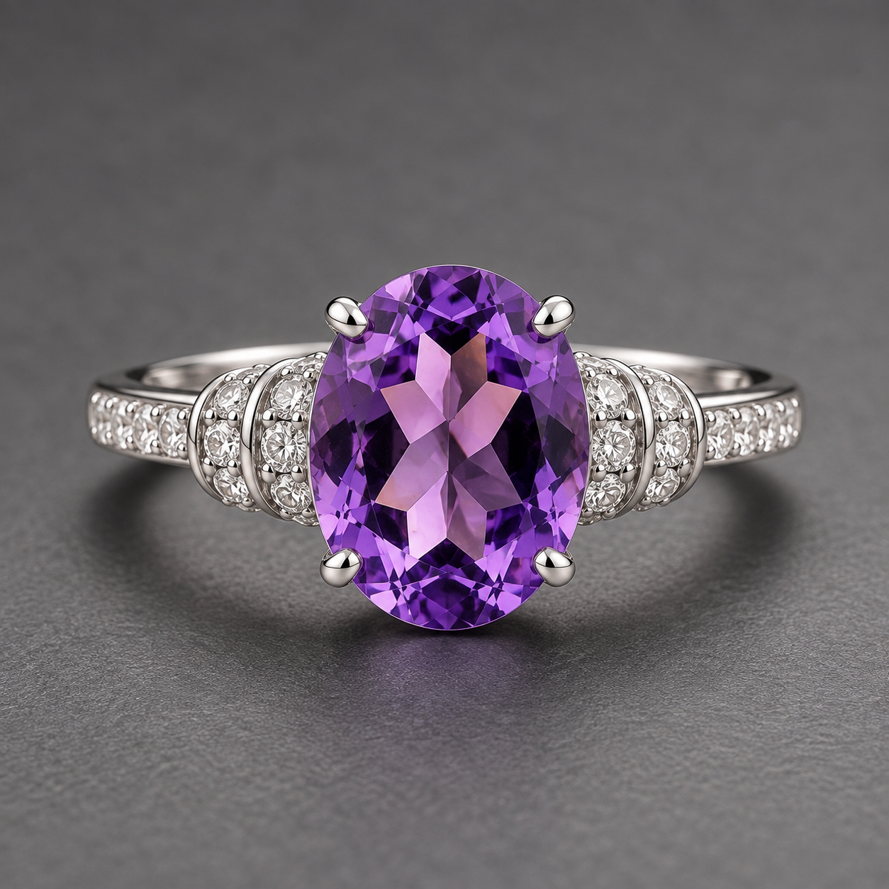 925 Sterling Silver 2.60 Ct Oval Amethyst White Zircon Ring 7 US Ring Size