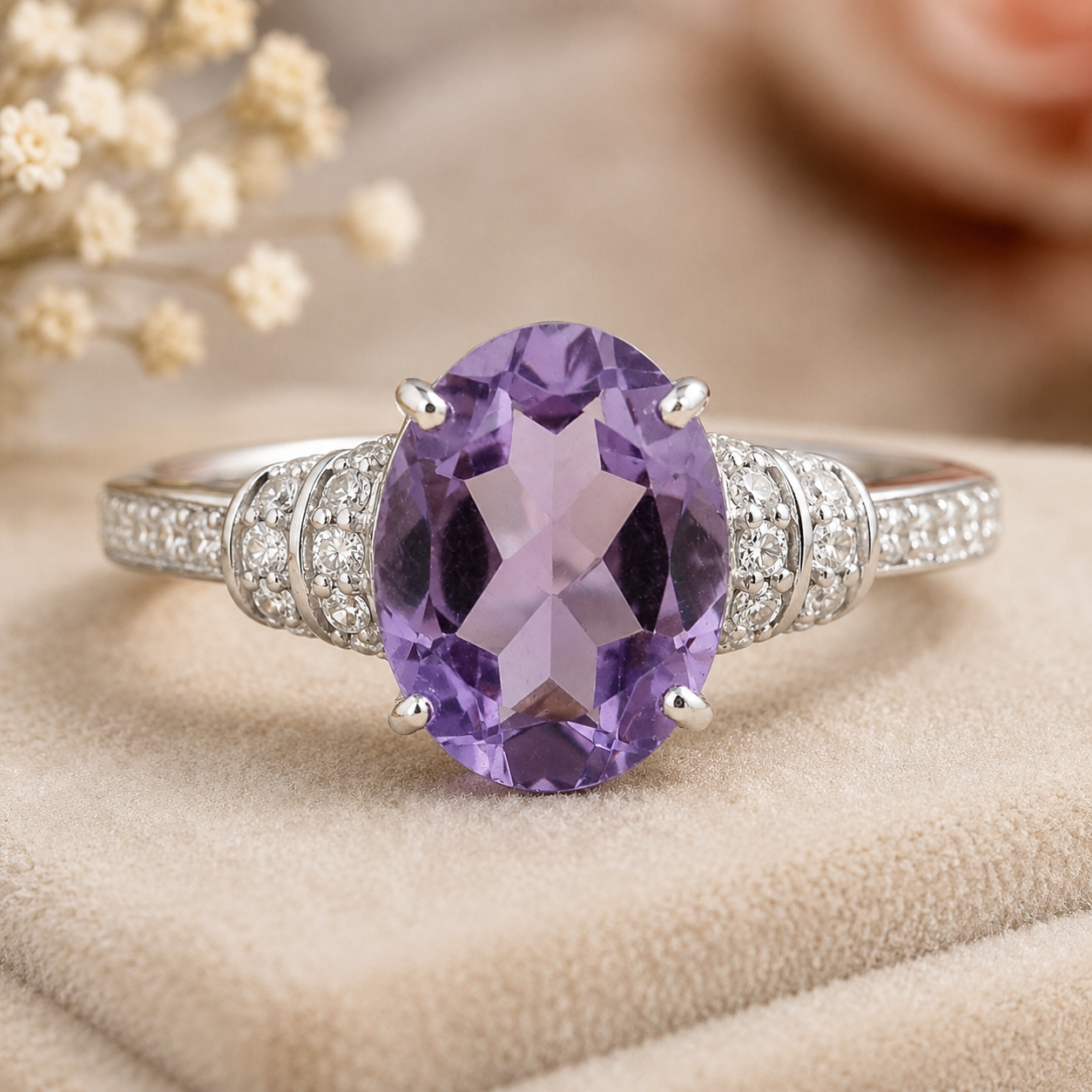 925 Sterling Silver 2.60 Ct Oval Amethyst White Zircon Ring 7 US Ring Size