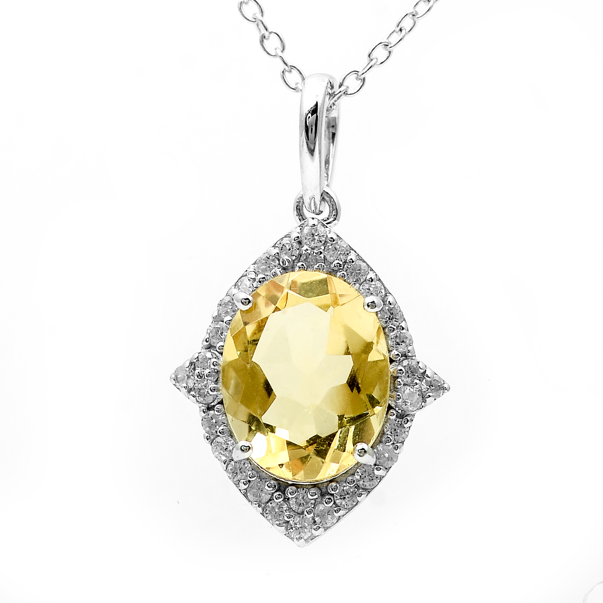 925 Sterling Silver 2.63 Ct Oval Citrine White Zircon Pendant