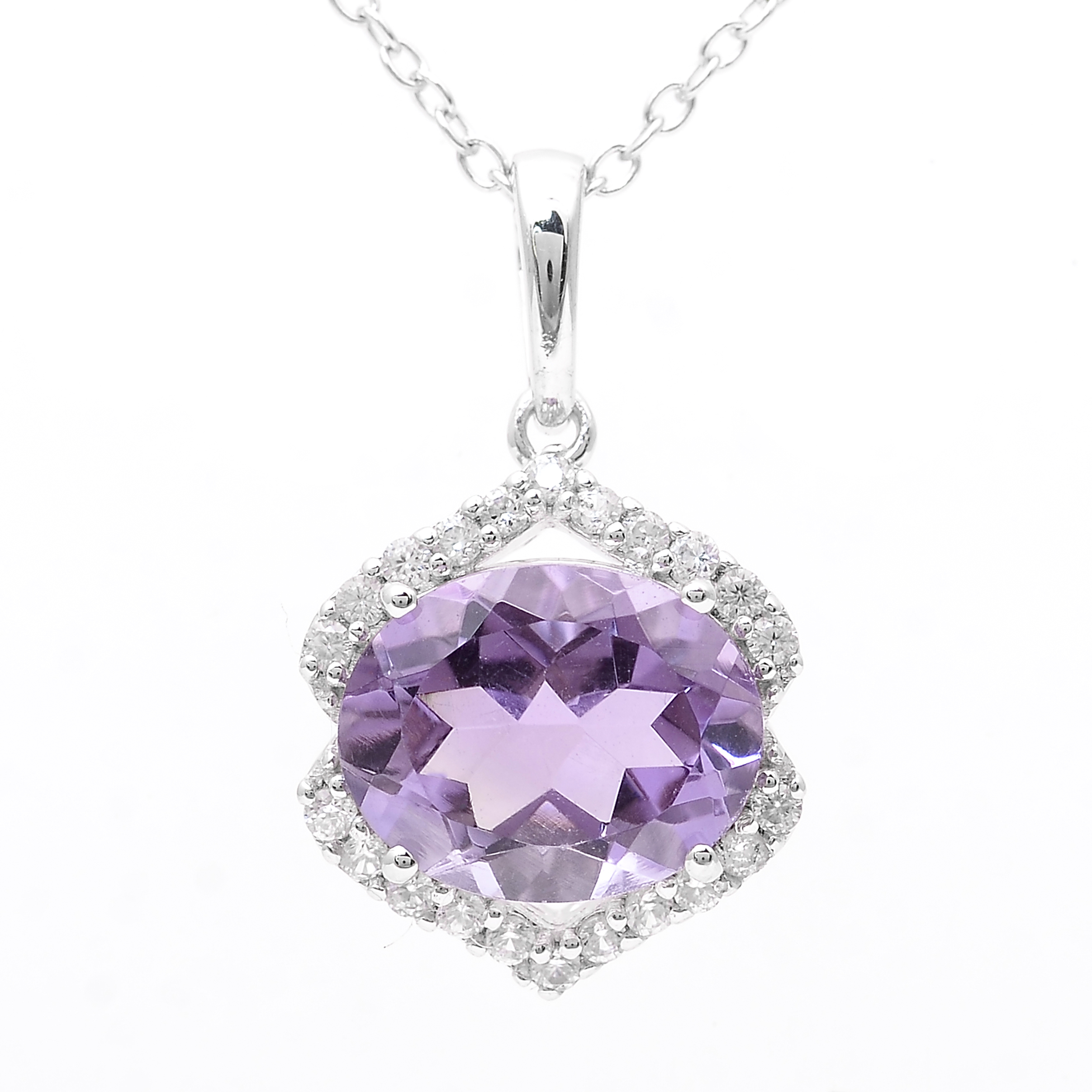 925 Sterling Silver 2.73 Ct Oval Amethyst White Zircon Pendant