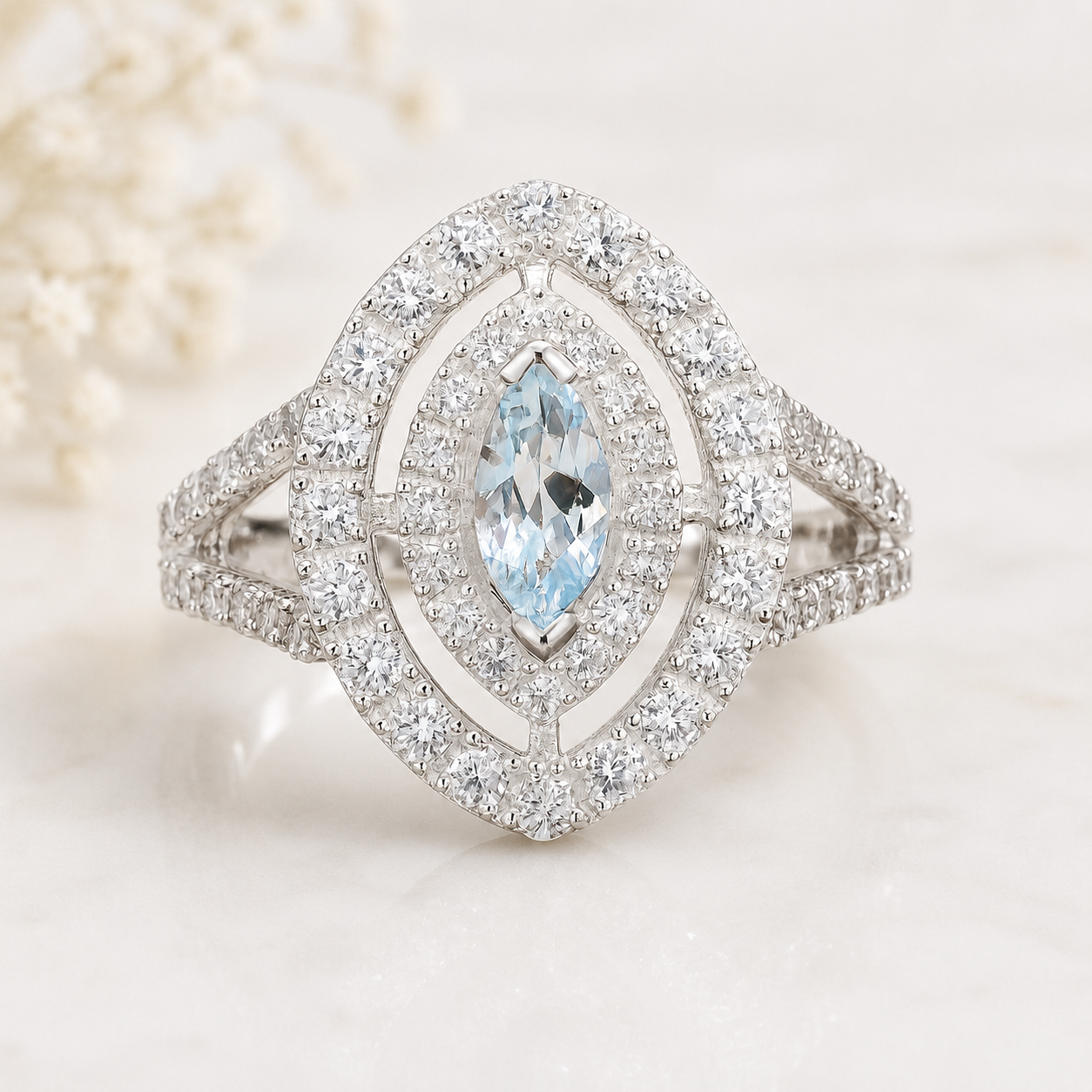 925 Sterling Silver 2.77 Ct Marquise Blue Topaz Cubic Zirconia Ring 7 US Ring Size