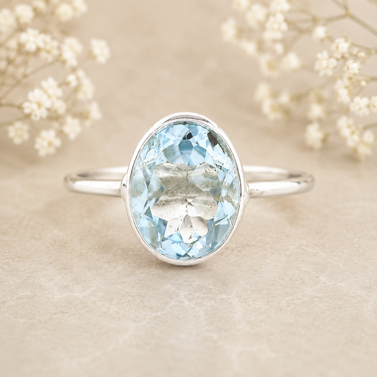 925 Sterling Silver 2.88 Ct Oval Blue Topaz Ring 7 US Ring Size