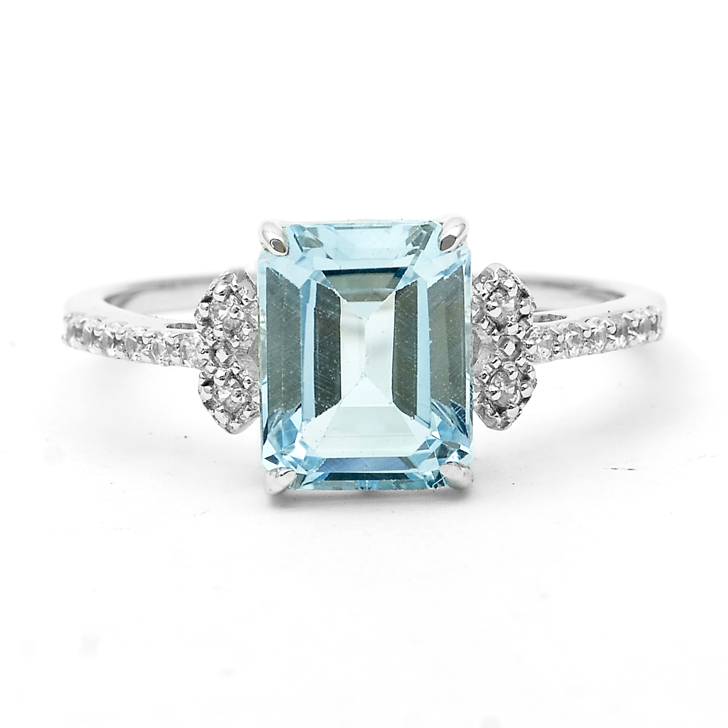 925 Sterling Silver 3.01 Ct Octagon Blue Topaz White Zircon Ring